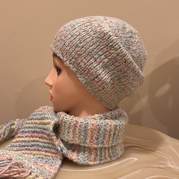Handmade Knit Women\'s Hat and Scarf Set Multi-Color Pastel Confetti Winter Warm main image 9